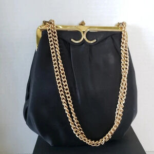 Vintage  60s Mardane Small Black Satin Purse with Gold Lining and Gold Chain.
